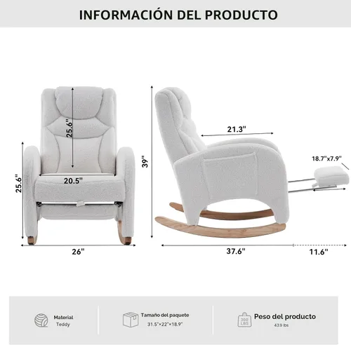 Miniatura 2 de FOXHUNTER Mecedora para guardería, moderna silla deslizante con reposapiés ajustable y patas de madera maciza, respaldo alto, silla de guardería