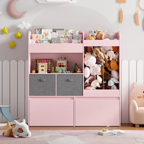 Miniatura 7 de Soporte para animales de peluche, estantería para niños con tapete de juego, almacenamiento de juguetes de madera con 2 cajones móviles y estantería
