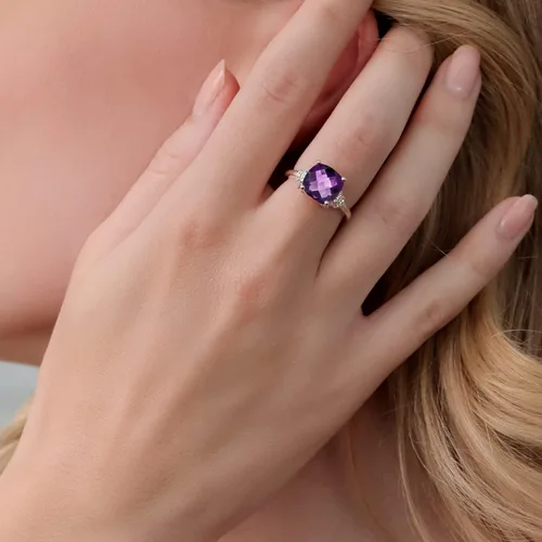 Miniatura 3 de Gem Stone King Anillo de compromiso de plata de ley 925 con amatista morada para mujer