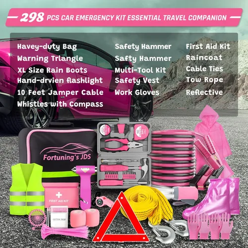 Miniatura 7 de Kit de emergencia para automóvil de 298 piezas, kit de emergencia para automóvil con cables de puente, kit de emergencia para vehículos, kit