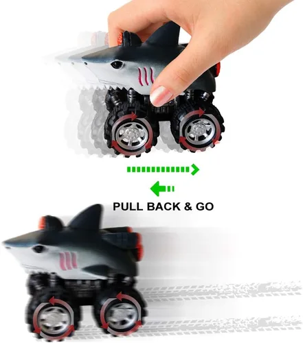 Miniatura 4 de DINOBROS Juguetes de tiburón, autos de tracción para niños y niños pequeños, paquete de 4 unidades, camión de animales marinos, juguete de delfín