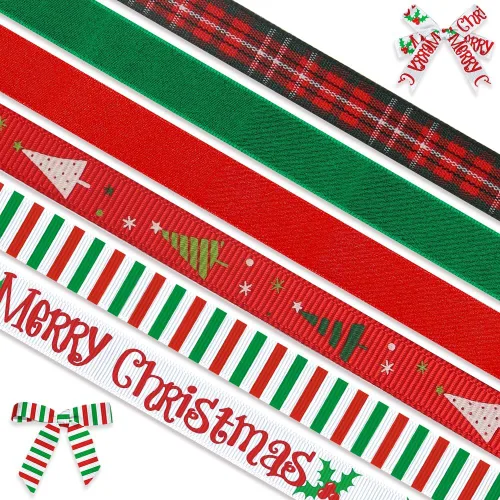 Miniatura 7 de Threetols 6 rollos de 30 yardas de cinta de Navidad de 3/8 pulgadas, cintas de grogrén con purpurina de Navidad de búfalo verde y rojo, cintas