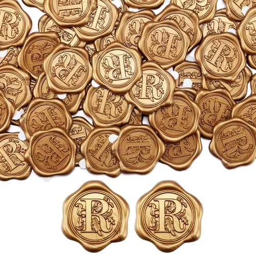 Miniatura 28 de Yoption 50 piezas de pegatinas de sello de cera inicial G, pegatinas de sello autoadhesivas de letra dorada retro antigua para sobres, para bodas