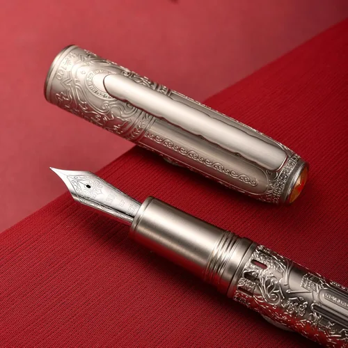 Miniatura 7 de Hongdian 100 - Pluma estilográfica de acero plateado con pistón, punta extra fina de iridio para caligrafía, plumas de escritura suave, bonita pluma