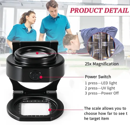 Miniatura 5 de Lupa de lupa de 25X con 6 luces, recargable por USB, tres plegables, portátil, de metal, lupa de costura para textil, herramienta de joyería óptica