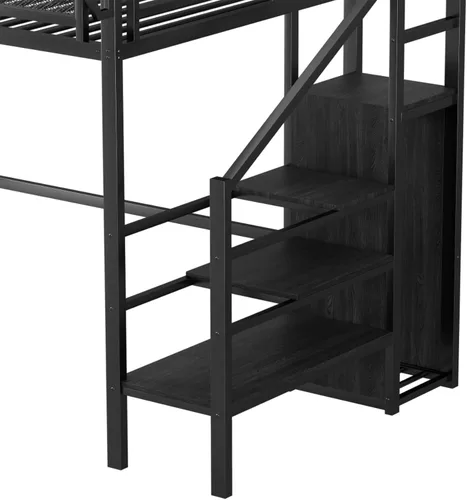 Miniatura 9 de Cama alta convertible de tamaño individual con escaleras de almacenamiento, estantes y armario, marco de cama de metal con barandilla de seguridad