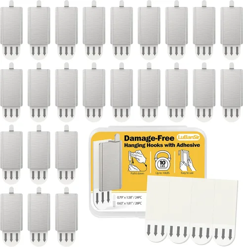 Miniatura 8 de LuBanSir Ganchos para colgar cuadros de pared sin clavos, paquete de 12 ganchos adhesivos de metal con 16 tiras para fotos pequeñas, arte y espejos