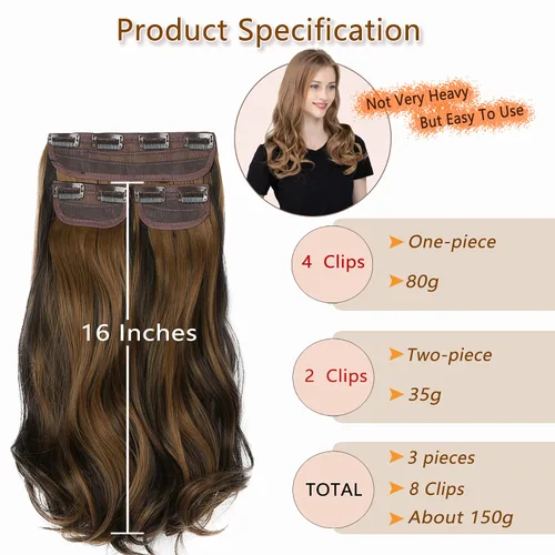 Miniatura 2 de Extensiones de cabello con pinzas, balayage, color marrón oscuro medio a rubio ceniza pálido, juego de 3 piezas, 16 pulgadas, 5.23 onzas, invisible