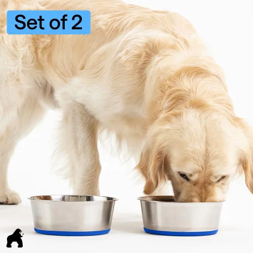 Miniatura 8 de Gorilla Grip - Juego de 2, 6 cuencos metálicos de acero inoxidable para perros, base de goma, resistente a la oxidación, libre de BPA de grado Azul