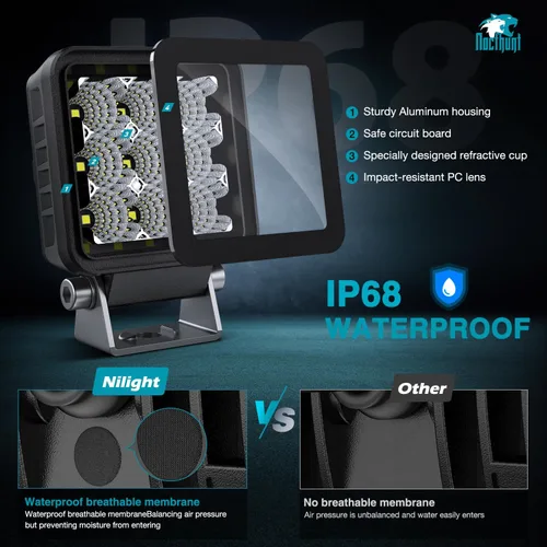 Miniatura 5 de Nilight Focos LED 2 PCS 3 Pulgadas 9LED Haz de Inundación Súper Delgados Cuadrados Luces de Conducción Lateral Offroad para Zanjas con EMC Integrado