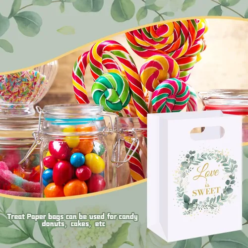 Miniatura 6 de TaoBary 60 bolsas de papel kraft con asas de 8.7 x 5.9 pulgadas, diseño de eucalipto para despedida de soltera, suministros para galletas