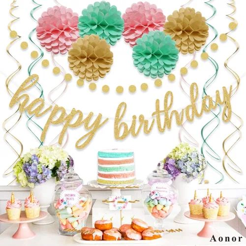 Miniatura 3 de Decoraciones de feliz cumpleaños rosa y dorado – Cartel dorado de feliz cumpleaños, flores con pompones, guirnalda de puntos circulares brillantes