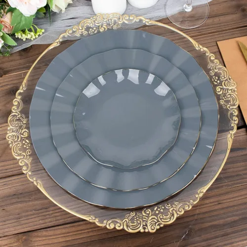 Miniatura 143 de Tableclothsfactory Paquete de 10 platos redondos de plástico negro de 6 pulgadas para ensalada de postre, platos desechables con borde ondulado