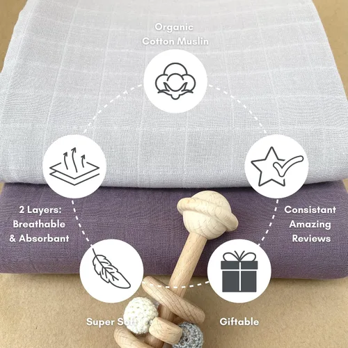 Miniatura 7 de MOZAH Mantas de muselina orgánica, 100 % algodón para niñas y niños, manta receptora, paquete de 2 mantas para envolver al bebé para guardería Malva