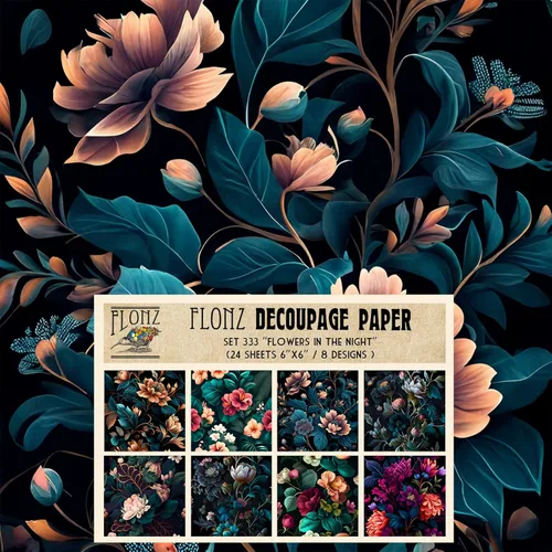 Paquete de papel para decoupage (24 hojas de 15 cm x 15 cm) Flores en la noche # Papel con patrón estilo vintage para decoupage, manualidades y