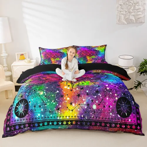 Miniatura 44 de Erosebridal Juego de ropa de cama bohemio con sol y luna, funda de edredón hippie de 3 piezas, colorida funda de edredón teñida anudada, funda