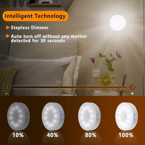 Miniatura 5 de LAVAED Paquete de 4 luces de disco con sensor de movimiento para interiores, luces LED de armario, luces nocturnas recargables por USB, 9 LED, 6000