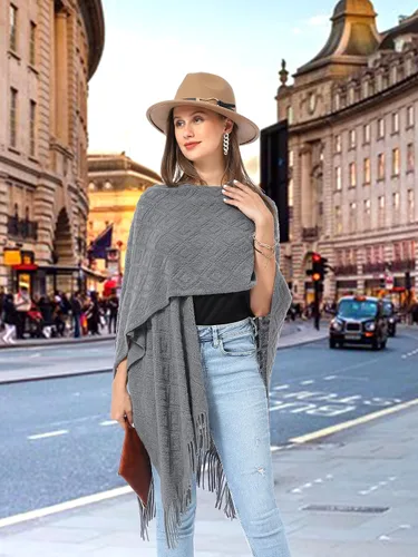 Miniatura 31 de Soul Young - Chal de punto para mujer, poncho con flecos y capa