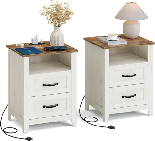Miniatura 10 de VASAGLE Colección LIRY - Mesita de noche de estilo granja con estación de carga, mesita de noche, mesa auxiliar con 3 cajones, para dormitorio