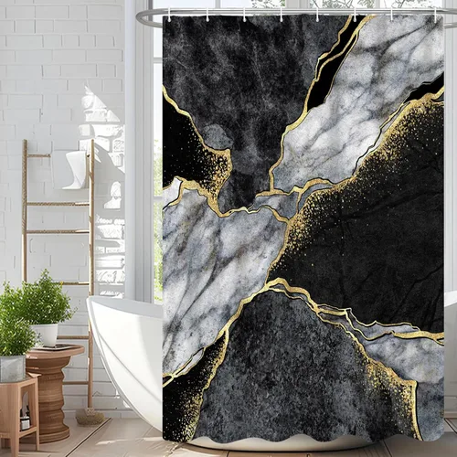Miniatura 50 de Cortina de ducha abstracta de mármol negro gris y dorado con grietas, cortina de baño moderna ombre impresa, cortina impermeable y lavable de tela