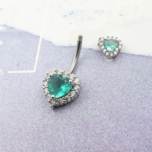 Miniatura 5 de Excepro Piercing para ombligo de acero inoxidable con circonita cúbica verde lago, Acero inoxidable, circonita