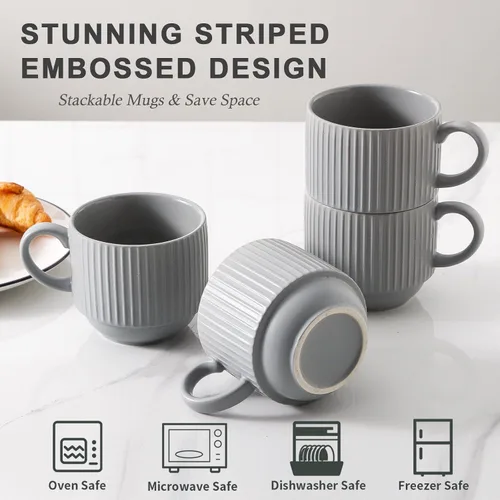 Miniatura 4 de Hasense Juego de tazas de café, juego de 4 tazas de té apilables con soporte - Juego de tazas grandes de cerámica acanaladas de 15 onzas para latte