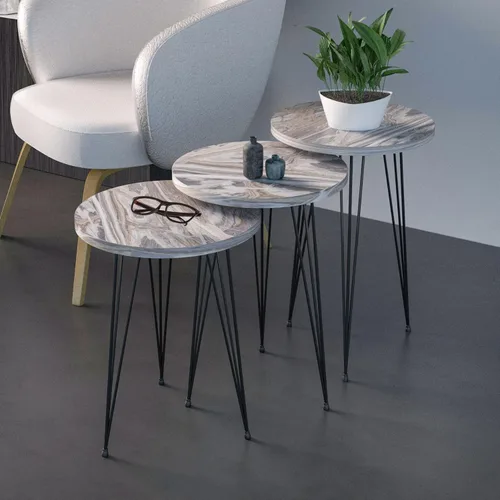 Miniatura 2 de Juego de 3 mesas auxiliares anidables de mármol gris, mesas auxiliares redondas apilables de madera con patas de metal para sala de estar, oficina