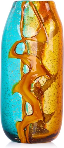 Jarrón de vidrio hecho a mano con colores ámbar y turquesa, florero decorativo artístico para decoración del hogar, pieza de arte moderno para sala