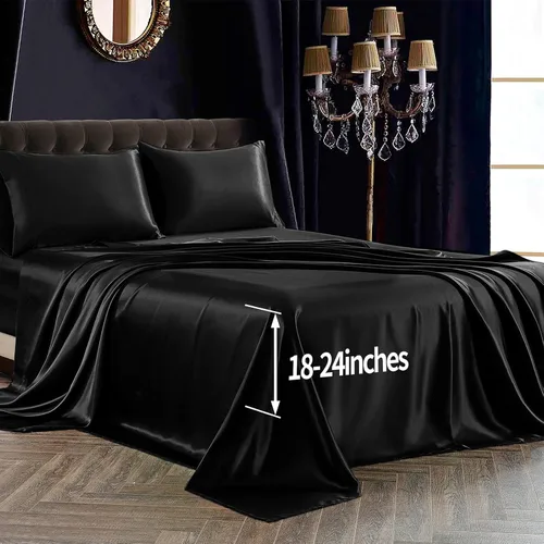 Miniatura 26 de SiinvdaBZX Juego de sábanas de satén de 4 piezas tamaño King, ultra sedosas y suaves, sábanas de cama King de satén azul marino con bolsillo