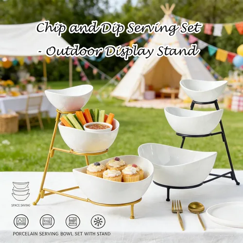 Miniatura 4 de Gomakren - Juego de cuencos ovalados de 3 niveles, soporte plegable de metal negro Multi-capacity porcelain bowls holiday party display, stable