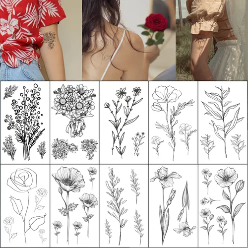 Tatuajes temporales de flores realistas, 10 piezas pequeñas extraíbles de hojas botánicas para mujeres