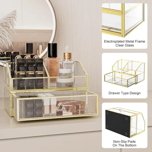 Miniatura 6 de FSyueyun Organizador de maquillaje para tocador, organizador de cajones de vidrio transparente, vitrina de exhibición de joyas, almacenamiento