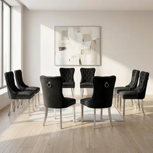 Miniatura 28 de OVENTA Juego de 4 sillas de comedor modernas tapizadas copetudas, terciopelo negro y gris y cuero con patas de madera maciza, sillas de cocina