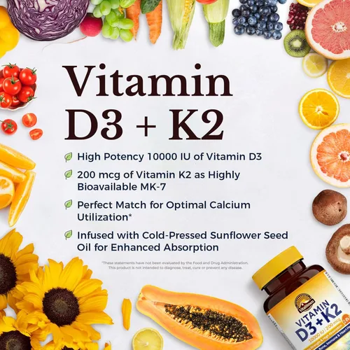 Miniatura 3 de Suplemento de Vitamina D3 K2 Vitalitown, Vitamina D3 10000 UI Vitamina K2 (MK7) 200 mcg, 300 Cápsulas Blandas, Sin GMO, Sin Gluten y Soya