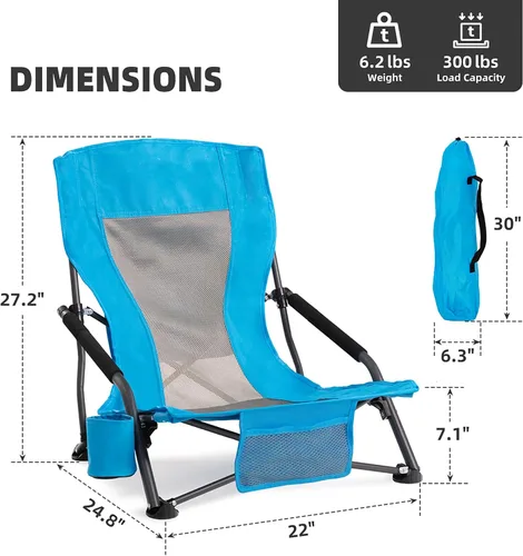 Miniatura 2 de Silla de playa plegable portátil para adultos, juego de 2, silla ligera con respaldo bajo con soporte para tazas y bolsillo de almacenamiento, silla