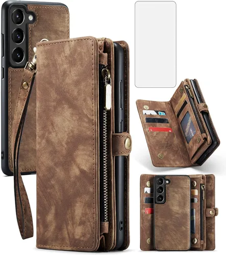 Asuwish Funda de teléfono para Samsung Galaxy S23 Plus 5G con cremallera, funda desmontable con protector de pantalla de vidrio templado y tarjetero