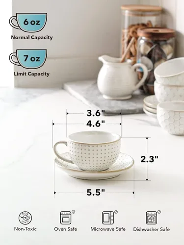 Miniatura 4 de LE TAUCI Tazas de capuchino con platillos – Juego de tazas de café de cerámica de 6 onzas y platillos para café con leche, café con leche, blanco