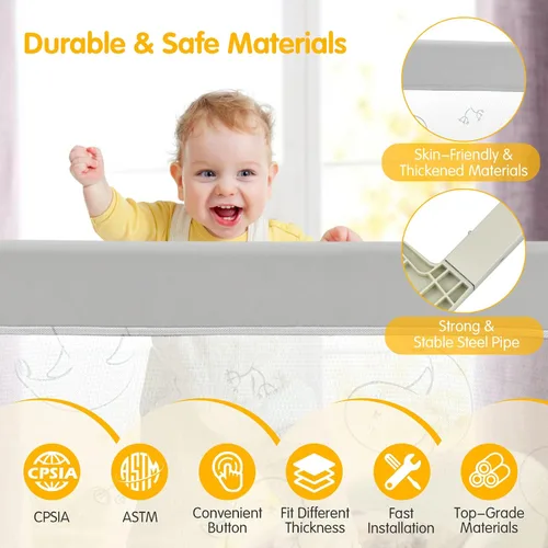 Miniatura 6 de BABY JOY Rieles de cama para niños pequeños, 70 pulgadas extra largas, protección de riel para niños de altura ajustable con doble bloqueo de Gris