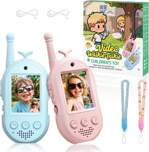 Miniatura 11 de Walkie Talkies de video mejorados para niños, paquete de 2 unidades recargables de voz/videollamadas para niños, juguetes para interiores, Azul/Azul