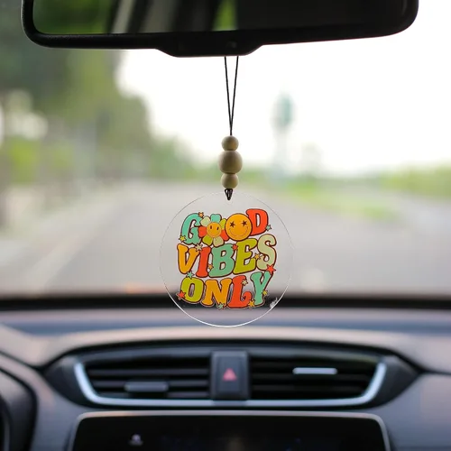 Miniatura 4 de Talataca Good Vibes Only - Adorno plano 2D para automóvil y cuentas de madera, retro vintage feliz cara sonriente con cuentas accesorios para espejo
