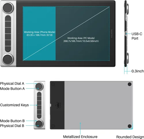 Miniatura 8 de HUION Inspiroy Dial 2 Tableta de dibujo inalámbrica Bluetooth de 10.5 x 6.56 pulgadas con doble dial, lápiz capacitivo sin batería para arte digital