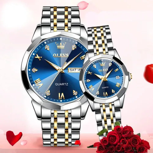 Miniatura 6 de OLEVS Reloj para parejas para él y ella, reloj analógico de cuarzo para hombres y mujeres, de acero inoxidable, impermeable, luminoso, fecha, reloj