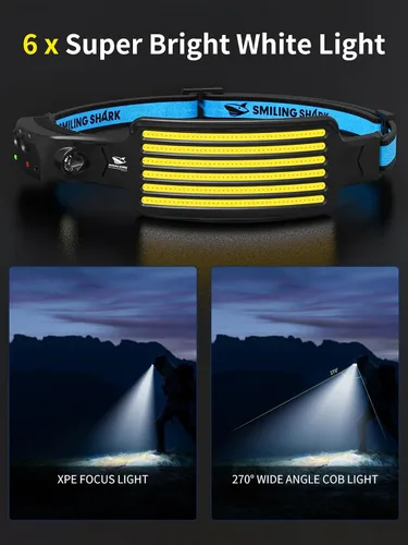 Miniatura 3 de Smiling Shark Linterna frontal recargable, paquete de 2 unidades, ángulo amplio, 6 luces blancas, la lámpara de cabeza LED más brillante con sensor