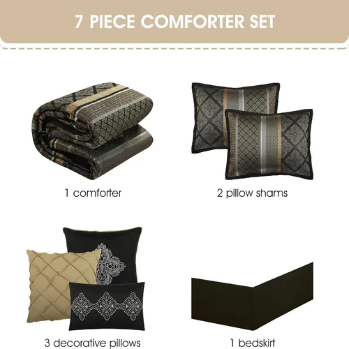 Miniatura 4 de Grand Avenue Juego de edredón geométrico negro y dorado, tamaño California King, juego de ropa de cama jacquard de 7 piezas, ultra suave, fundas a