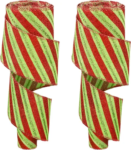 2 rollos de cinta de Navidad con puntos con alambre con rayas para envolver con alambre, cinta de tela colorida, cintas decorativas de Navidad para