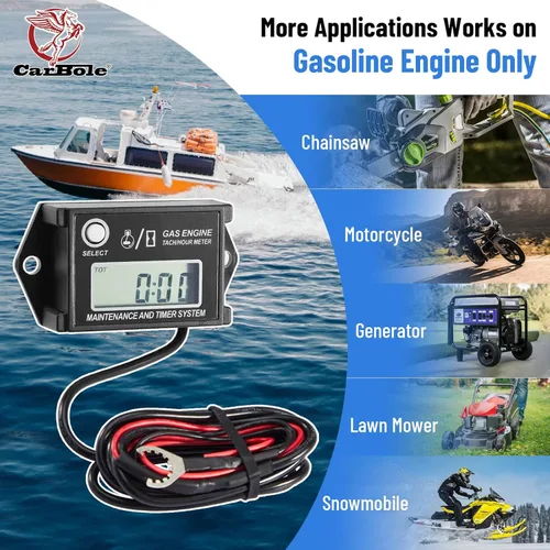 Miniatura 5 de CarBole Tacómetro Digital de Horas, Tacómetro de Horas para Motor Pequeño, Medidor de Calibre RPM para Cortacésped, Esquís, Moto de Cross, Barco