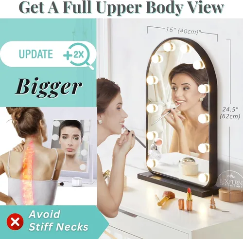 Miniatura 2 de LUXFURNI Espejo de tocador grande Hollywood con luces, espejo de maquillaje iluminado con 12 bombillas regulables, control táctil inteligente, 3