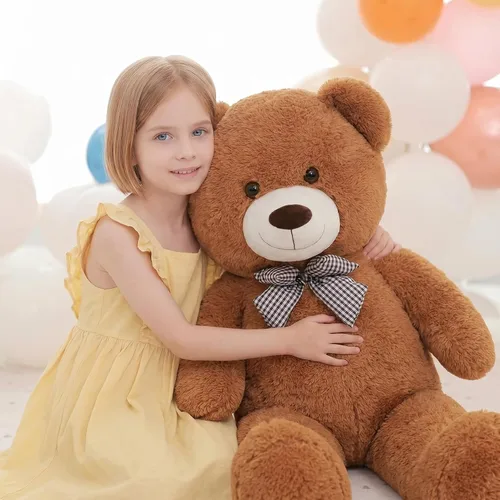 Giant Brown Teddy Bear, 47 Inch Big Stuffed Animal, Soft Plush Material, Classic Style with Checkered Bow, for Cuddling