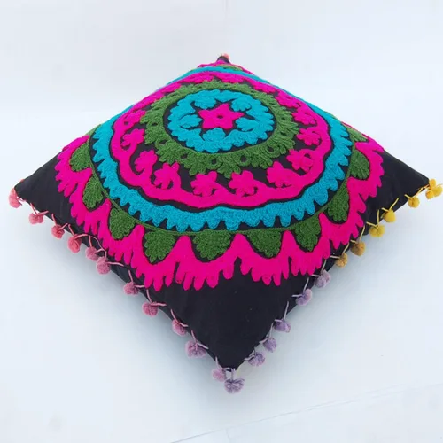 Miniatura 3 de Funda de cojín bohemia Suzani, fundas de almohada bordadas de 16 x 16 pulgadas, fundas de almohada decorativas, cojines indios con pompones al aire