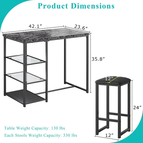 Miniatura 8 de VECELO juego de mesa de bar pequeña y sillas para 2, taburetes tapizados y estantes de almacenamiento de vidrio, para cocina, comedor, rincón